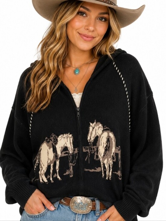 2 Fly Co. Jackets & Blazers - Western Trails Horse Black Knit Hoodie Jacket 2X Plus